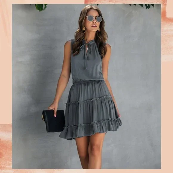Landry Gray Swing High Neck Ruffle Dress - Picture 1 of 3